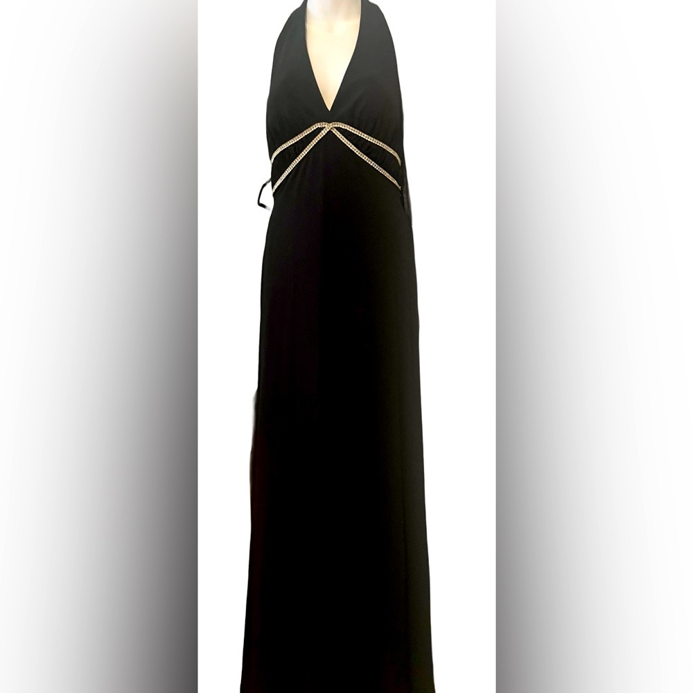 A beautiful halter black vintage formal dress with silver rhinestones
